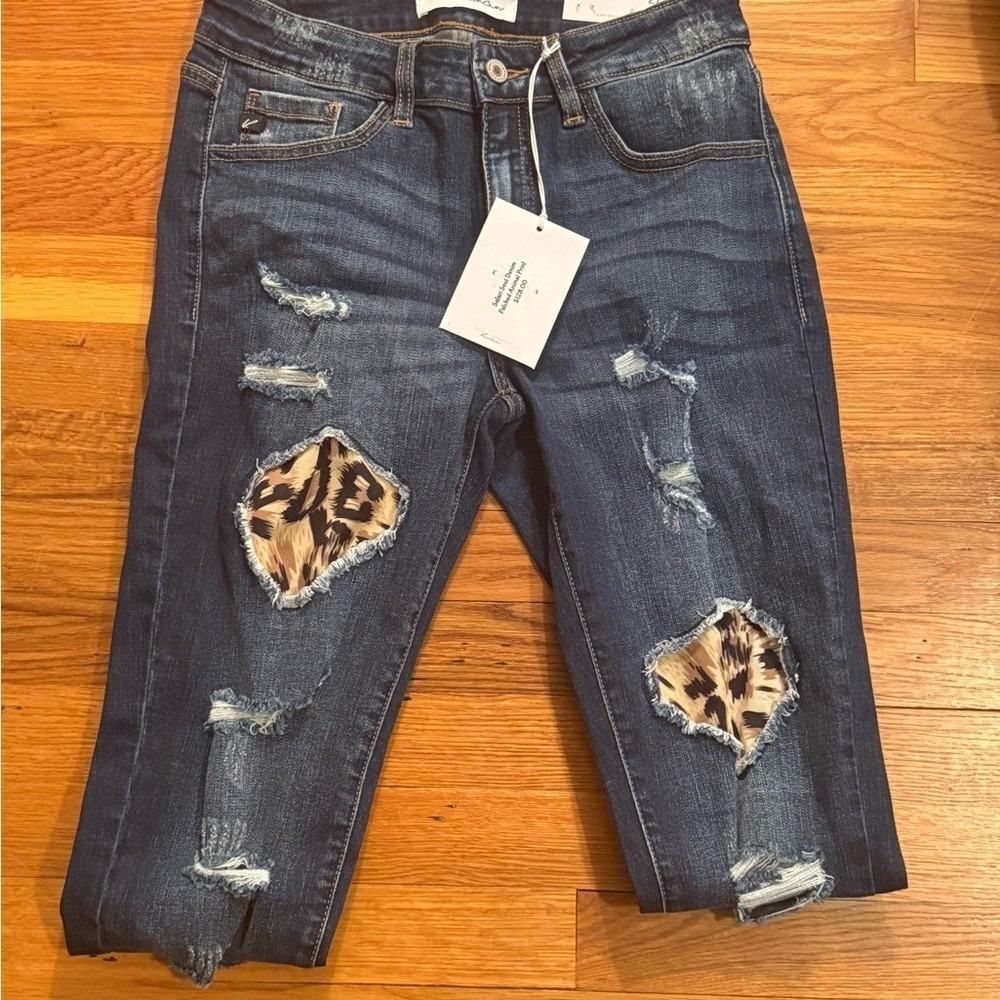 KanCan Safari Soul Skinny Jeans Distressed Leopard Print Patch Dark Wash 7/27 - Picture 8 of 10